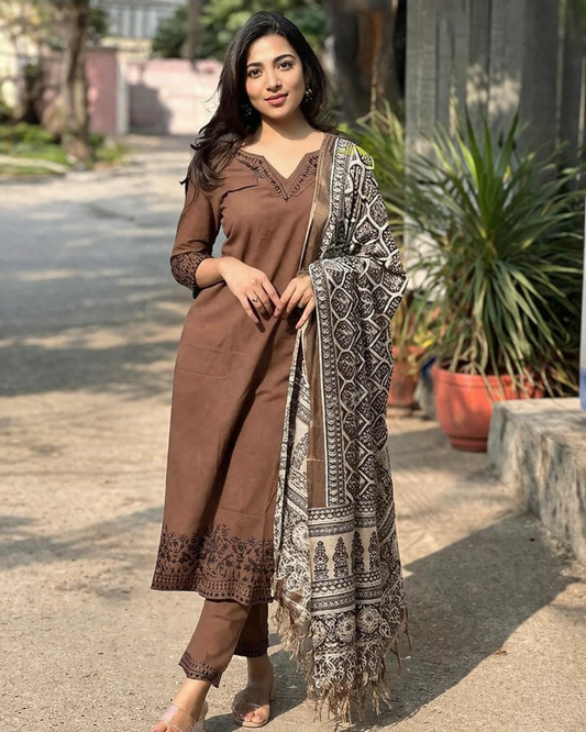 Brown Embroidered Cotton Suit Set with Dupatta