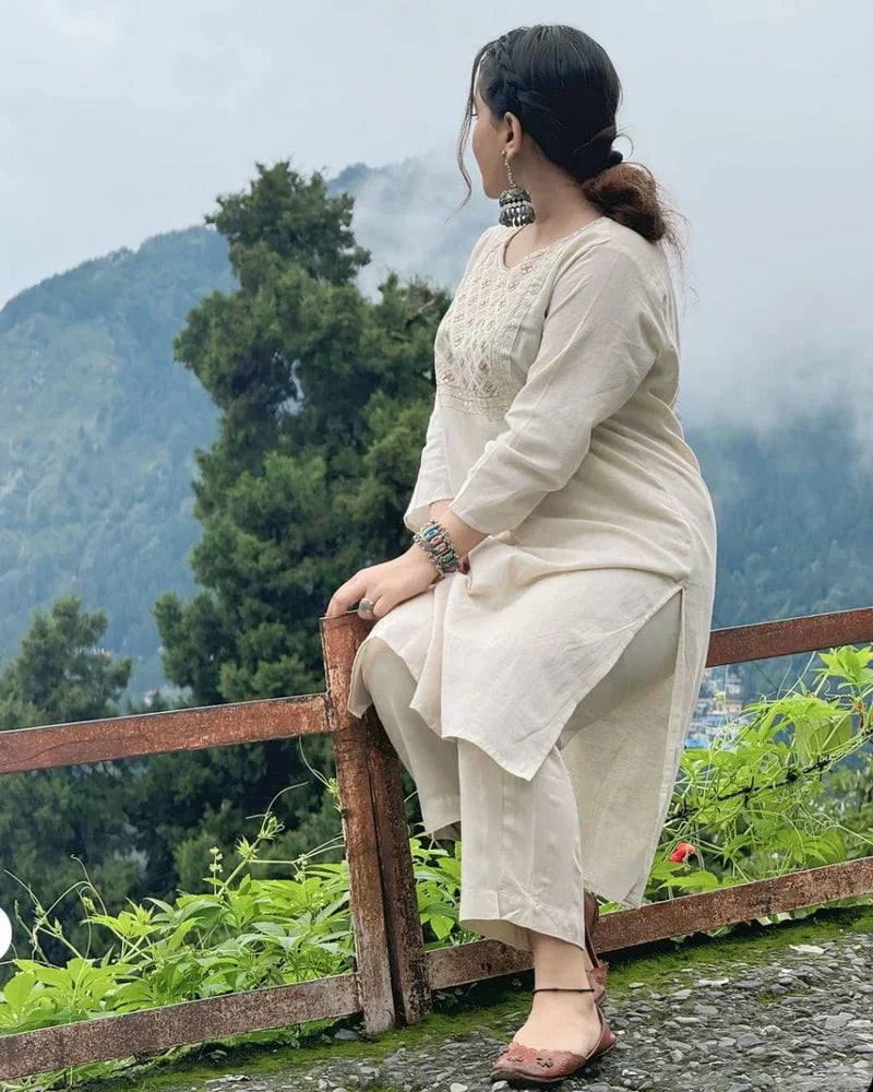 Off White Embroidered Cotton Kurta And Pant Set