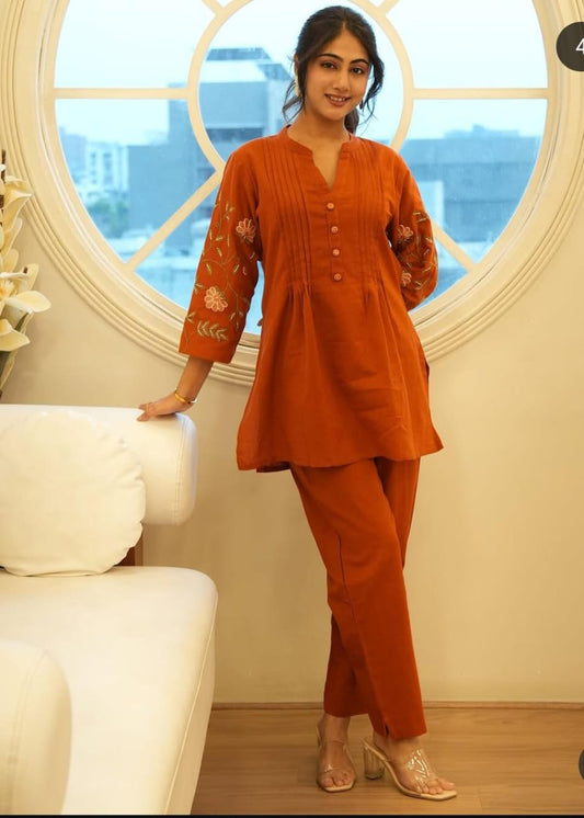 Elegant Rust Orange Embroidered Cotton Co-Ord Set