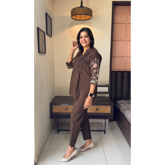 Chic Coffee Brown Embroidered Co-Ord Set