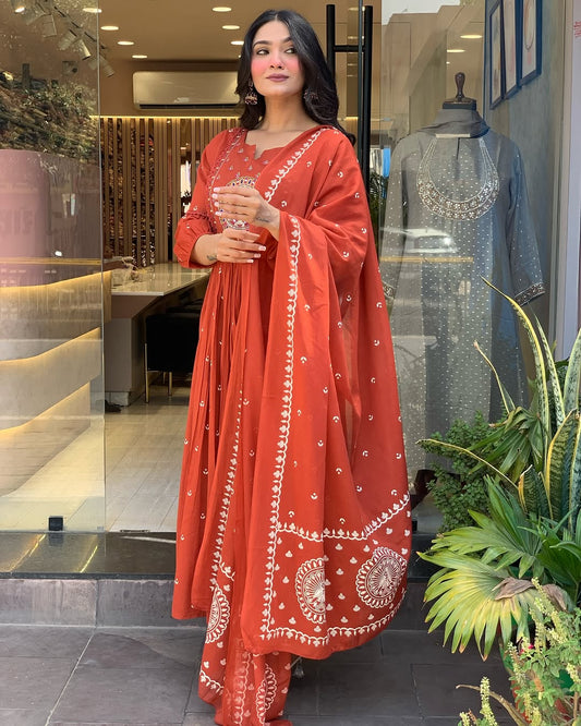 Vibrant Rust Anarkali Suit With Embroidered Dupatta