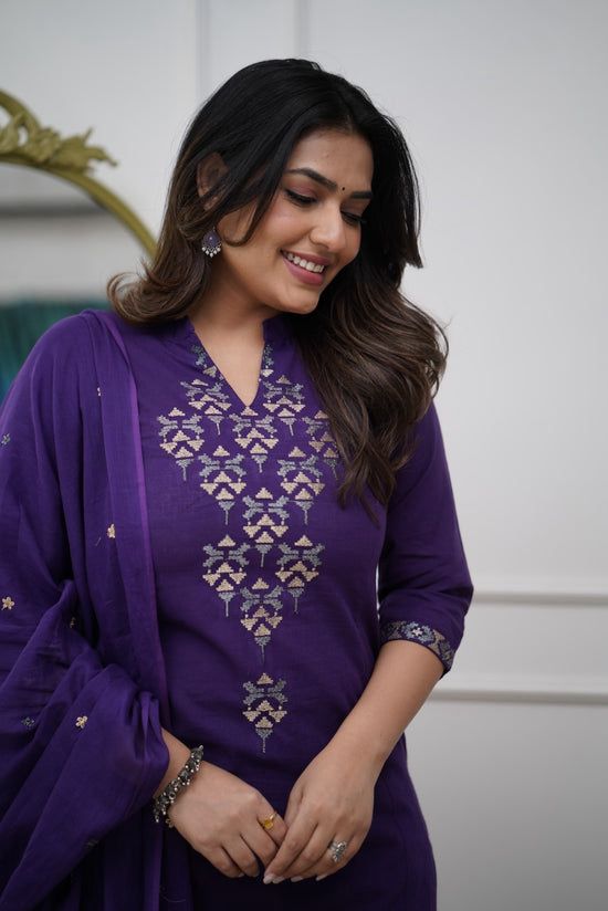 Aline Kurta Set With Cotton Plazzo & Malmal Dupatta With  Embroidery Work