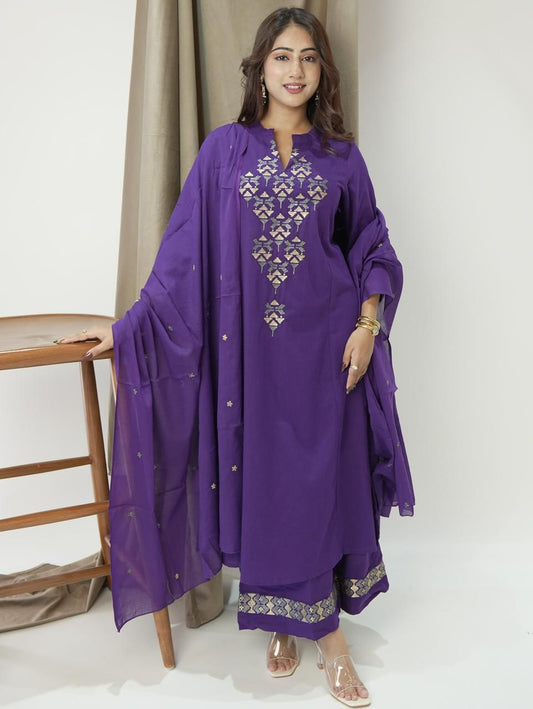 Aline Kurta Set With Cotton Plazzo & Malmal Dupatta With  Embroidery Work