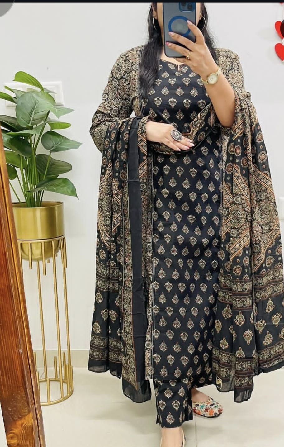 Classic Black Ethnic Kurta Set with Intricate Gold Prints